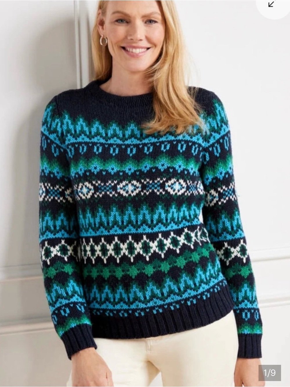 Talbots Navy, Teal & Green Fair Isle Chamonix Crewneck Sweater
